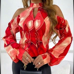 Boho Vibrant Abstract Print Cold Shoulder Cut out Mock Neck Top Blouse Shirt Red